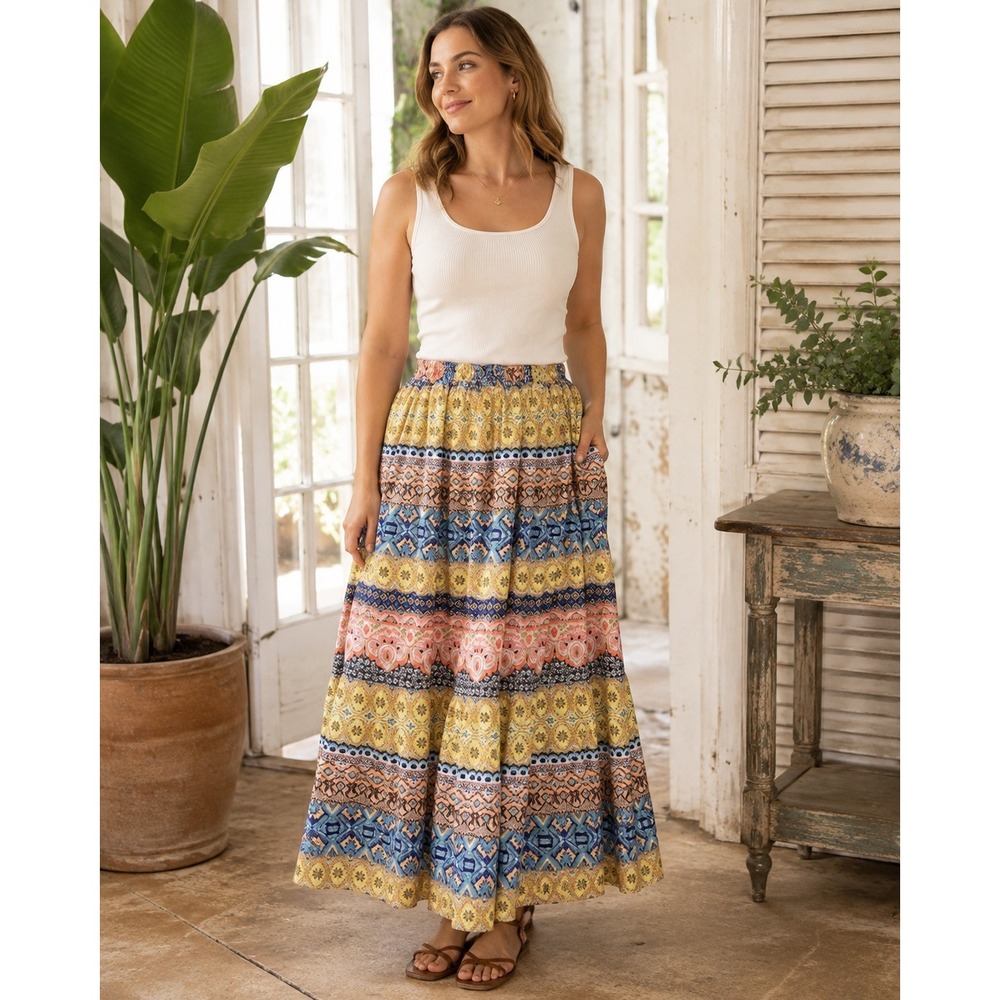 J Gee Gypsy Bohemian Maxi Skirt Elastic Waist Geometric Print Yellow M Fairy